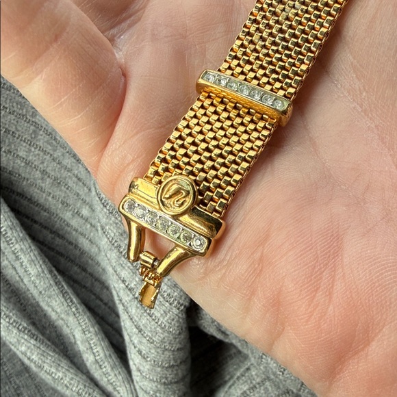 Swarovski gold metal mesh bracelet, white pave crystals, 7"L, Swan Mark - Picture 7 of 10